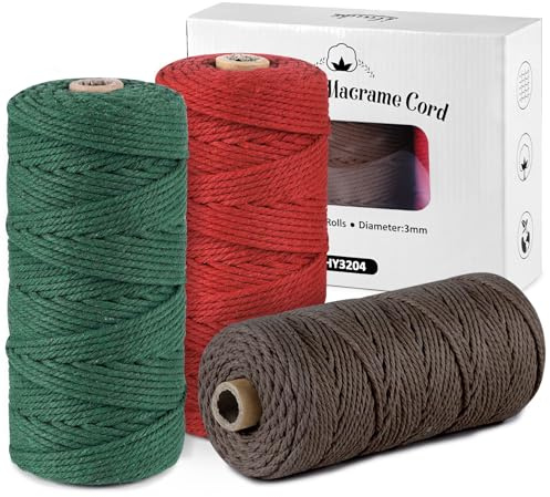 ilauke Set di 3 filati macramè, in morbido cotone macramè, 3 mm, per progetti fai da te, 3 x 100 m, corda di cotone per arazzo da parete, acchiappasogni, fioriera per fiori, rosso + caffè + verde
