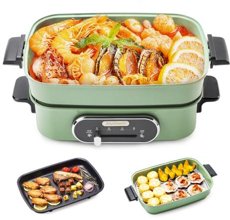 Joydeem 3-in-1 Electric Hot Pot, Multi-use Shabu Shabu Pot with Grill Pan & Steamer, Non-stick Ceramic Oil Coating, UL Listed, JD-HG9088G, Green
