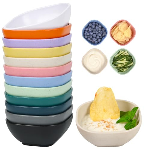 BGHEOUYV 12 Pack Small Bowls, 4.5 OZ Assorted Colors Dipping Sauce Cups, Wheat Straw,Unbreakable,Plastic Prep for Side Dishes, Dessert, Snacks
