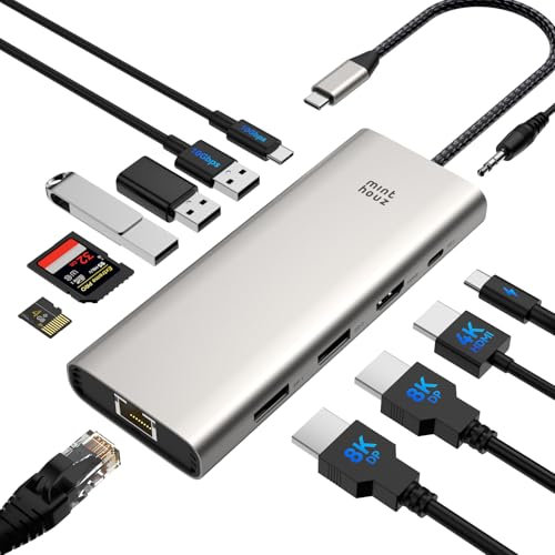 Minthouz USB C Docking Station Triple Monitor für HP Lenovo Dell,12 in 1 USB C Hub,4 * USB,8K@30HZ/4K@144HZ Dual DP+HDMI,100W PD Thunderbolt 3/4,2.5G LAN/SD/TF/3.5mm,für Laptop (Dual DP+HDMI)