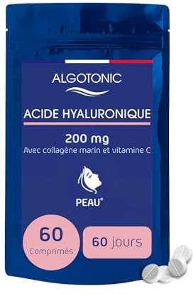 Algotonic - Acide Hyaluronique + Collagène Marin - Cure de 60 jours - 60 Comprimés - Hydratation et Fermeté de la Peau - Effet Anti-Âge - Vitamine C et E