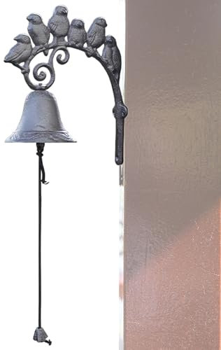 Campana vintage de hierro fundido – Campanas de hierro fundido | Campana de puerta delantera | Casa de campo montada en la pared | Puerta frontal decorativa | Grande fuerte con 6 pájaros | Rústico