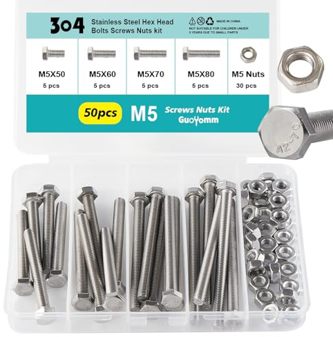GuoYomm M5 x 50mm 60mm 70mm 80mm Hex Head Bolts and Nuts, M5 x 0.8 Bolts, Hexagon Head Screws, Stainless Steel 304, Bright Finish, Fully Thread, Assortment Kit 50PCS