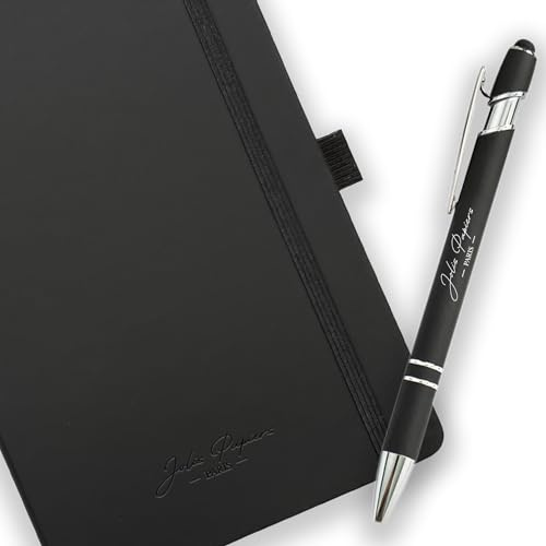 Jolis Papiers | Carnet de notes personnalisé de poche A6 et Stylo 2 en 1 assorti, 184 pages blanches, ligné, Idée cadeau à petit prix (Vierge, Noir Carton doux - A5)