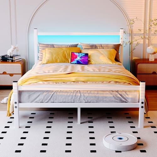 BORPHOM Double Bed Frame with Headboard,Charging Station,LED Lights,Heavy Duty Metal Bed Frame Double Bed with Storage,Mattress Base/Strong Steel Slats Support/Under-bed Storage/Easy Assembly/White