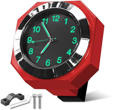 LEKEFETO Horloge de Moto Étanche, Horloge de Moto/Vélo pour Guidon, Horloges de Moto Lumineuses, Horloge pour Guidon de Moto, Accessoires pour Moto/Vélo, Diamètre 22-26 mm - Rouge