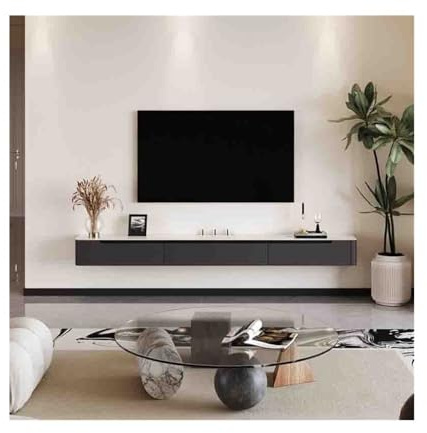 Floating TV Unit Floating TV Stand, Modern Wall Mounted TV Cabinet Media Console with Flip Doors and 2 Drawers, Oak Floating Entertainment Center Wall Mounted TV Cabinet(Dark Gray,220x24x20cm)
