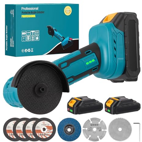 21V Cordless Angle Grinder with 2 Batteries 2.0Ah & 7pcs Cutting Discs, 3 Inch Mini Angle Grinder Brushless Motor 19000RPM, 210W Power Electric Grinder Tool for Metal Wood Polishing Rust Removal