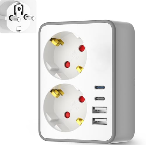 6 in 1 USB Steckdosenleiste mit 2 Steckdosen & 4 USB (2X USB-C 20W PD) | Kompakter Mehrfachstecker für Reise, Home-Office | 4000W Max (Weiß/Grau)