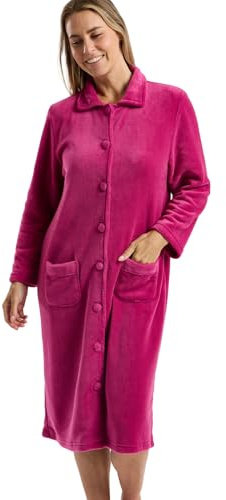 Marlon Ramona Robe de chambre confortable en polaire corail pour femme - Robe douce et chaude avec fermeture à boutons ou à glissière, col Claudine et poches, Framboise, 48-50