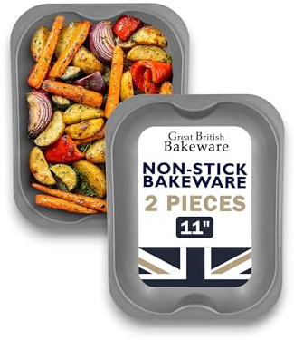 Great British Bakeware 2 Pack Small 11/28cm Superior Non-Stick Roasting Tin, Baking Tin, Baking Trays Oven Non Stick Roasting Tray, Carbon Steel, UK Made, PFOA & BPA Free Cookware
