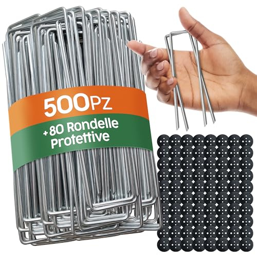 PORTENTUM Trädgårdspinnar 500 st + 80 brickor - Marktäckpinnar för mulchning, ankare för camping och syntetisk gräsmatta, hållbart i galvaniserat stål
