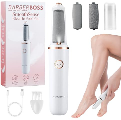 BarberBoss Lima elettrica per piedi, Rimozione calli per piedi, Kit pedicure ricaricabile, Testine a rulli fini e grossolane, Ricarica USB, Cappuccio protettivo, Rimozione calli per piedi (Bianco)