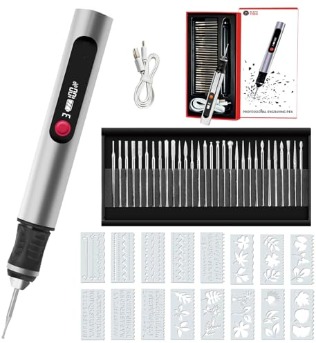 Tenovia Kit Complet de Gravure Électrique – Le Graveur Mini outil de gravure portable, livré avec 30 têtes de gravure et 5 gabarits, adapté aux créations DIY sur métal, bois et verre