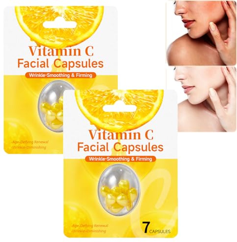 Vitamin C-serumkapslar för ansikte, C-vitamin Ansiktskapslar fuktar, jämnar ut hudtonen, anti-aging och upplysande serum, uppstramande fuktgivande och reparatör rynkor (2 st)