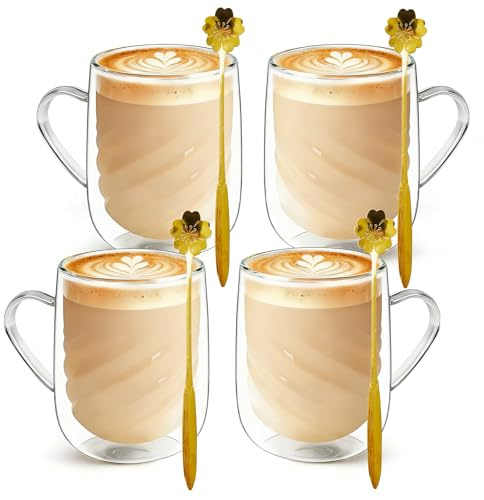 CAIEJSAEN 400 ml, set om 4 latte macchiato-glas, dubbelväggiga, spiralformade kaffeglas av borosilikatglas isolerande, dubbelväggiga kaffeglas, teglas med handtag för cappuccino-te, espressomjölk
