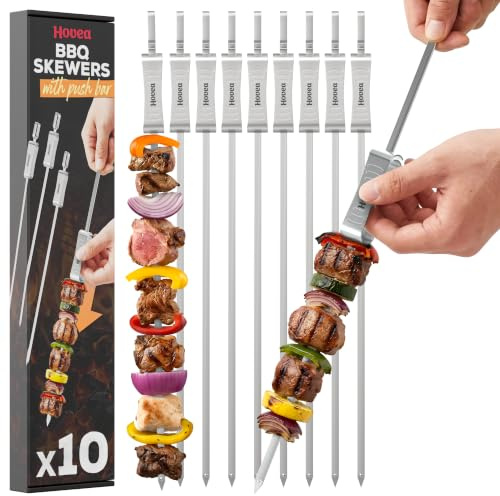 Hovea – 10 grillspett med skrapa – kött och grönsaker lätt lossning – längd 41 cm – BBQ-spett för grillning – metallspett med glidande – tillverkad av rostfritt stål – BBQ410