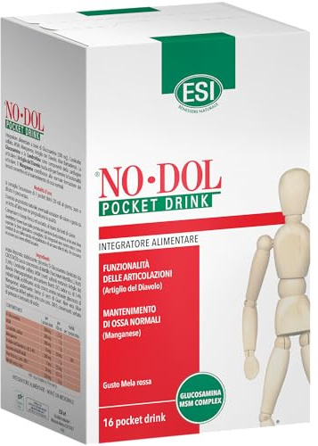 ESI - No-Dol, Integratore Alimentare a Base di Glucosamina, con Artiglio del Diavolo e Aloe Vera, per la Funzionalità Articolare, Gusto Mela Rossa, Senza Glutine, 16 Pocket Drink