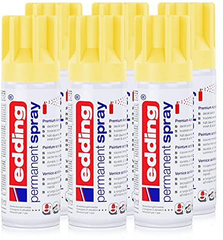 edding Permanent Spray Premium-Acryllack pastellgelb 200ml – seidenmatt – Sprühlack deckt sofort, trocknet extrem schnell und hält dauerhaft innen & außen, für Glas, Metall, Holz uvm. (6er Pack)