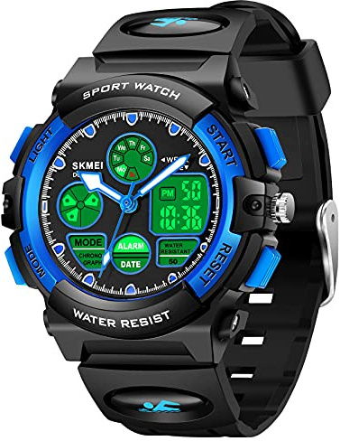 Cofuo Montre Numérique Sport Enfant Garçon Fille Étanche Sport Outdoor Montres Enfants Casual Electronique Analogique Quartz Montres avec Alarme Chronomètre, Bleu (5-9 ans), Numérique