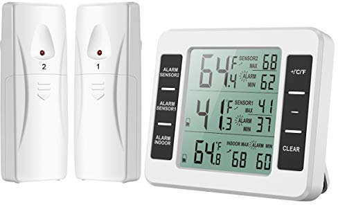 Brifit Kühlschrank Thermometer, Gefrierschrank Thermometer mit 2 Sensoren, Digital Luftfeuchtigkeit für Gefrierschrank mit Temperatur Alarm, MIN/MAX, Temperaturtrendanzeige Pfeil