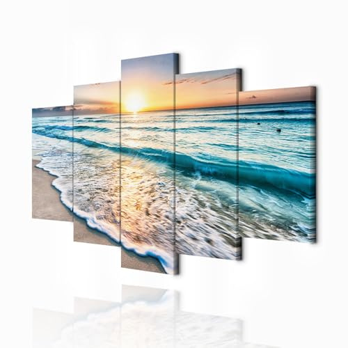 decomonkey Cuadro Decoración Salón Modernos Mar Playa 200x100 cm - Cuadros en Lienzo con Agua Turquesa Decoración de Pared con Marco de Madera para Espacio, Dormitorio y Oficina - 5 Piezas