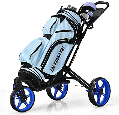 Tangkula Golf Push Cart with 360° Swivel Front Wheel, Aluminum Collapsible 3 Wheels Golf Pull Cart, Golf Trolley w/Elastic Strap, Scoreboard Storage & Foot Brake, Height-Adjustable Handle (Navy Blue)