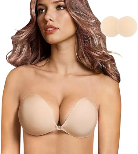 queensecret Adhesive Bra, Push up Strapless Self Adhesive Bra, Invisible Silicone Bra for Backless Dress (A, Nude)