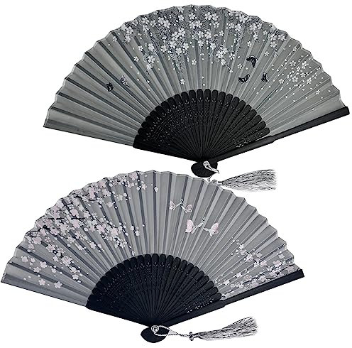 2 Stück Handfächer Fächer,Folding Fans mit Quaste,Hand Fans,Hand Halten Fans,Faltfächer für Wanddekoration,Geschenke,Hochzeit(Farbe und Blume zufällig)