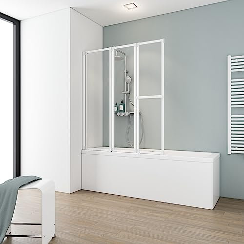 Schulte parete per vasca da bagno l.127 x a.140 cm, alpino bianco, con portasciugamani, 3 ante (47+40+40) pieghevoli, girevole 180° contro la parete, vetro di sicurezza 3 mm, guarnizione inclusa