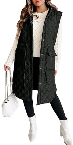 Tankaneo Women's Long Puffer Vest Sleeveless Hood Quilted Winter Outwear Warm Jackets Coats