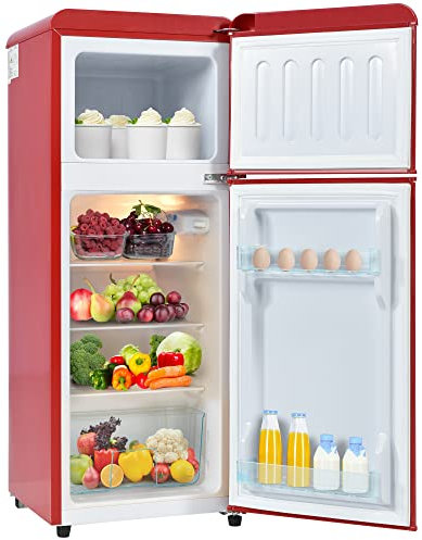 Merax Retro-Kühlschrank: Zweitürige Kühl-Gefrier-Kombination mit 92 Litern Gesamtvolumen, Glasregalen, LED-Licht und energiesparendem Verbrauch von 181 kWh/Jahr Rot