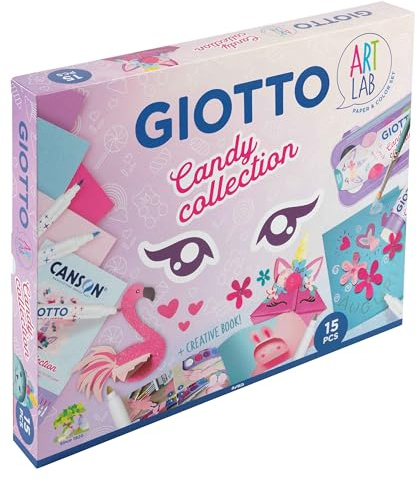 Giotto Art Lab, Set Creativo Candy Collection con Papel, Rotuladores Giotto, Acuarelas, Pegamento y Accesorios, 15 Piezas