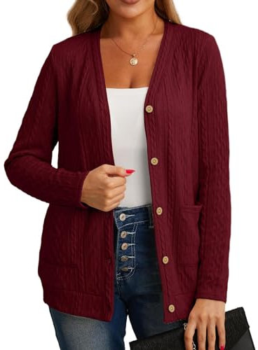 GRECERELLE Women's V Neck Button Knit Cardigan with Pockets, Red, S