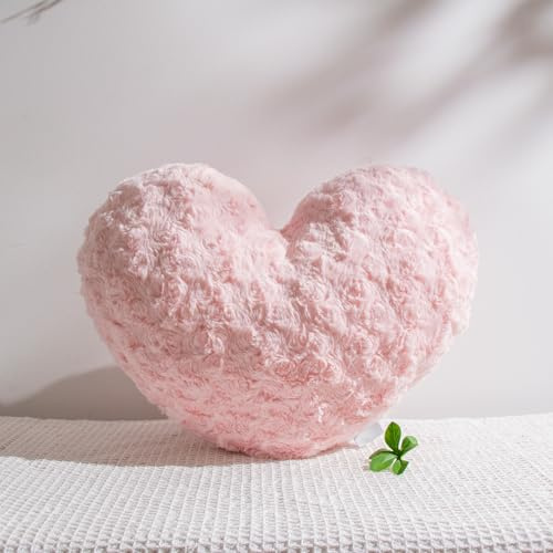 Ailive 18In(45cm) Pink Heart Shaped Cushion, Super Soft Faux Rabbit Fur Rose Texture, Plush Hugging Pillow, Cosy Sofa & Bedroom Décor, Gift for Girlfriend, Valentine’s Day Present