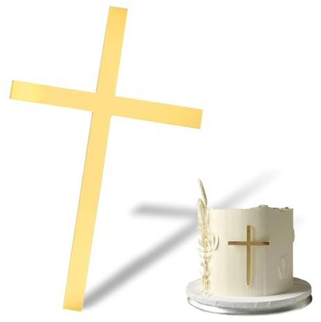 ZORVUJI 1 Pièces Topper Gâteau Personnalisé Croix Or, Décoration Baptême Mariage Communion, Acrylique Miroir 10x7cm pour Première Communion Baptême Confirmation