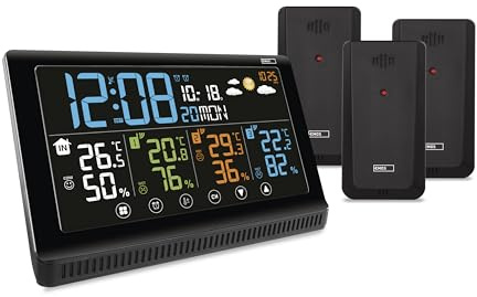 EMOS – trådlös väderstation med 3 utomhussensorer och USB-port – termometer, hygrometer, barometer, förutsägelse, minne – radioklocka med väckarklocka, kalender, komfortdisplay – stativ/väggfäste