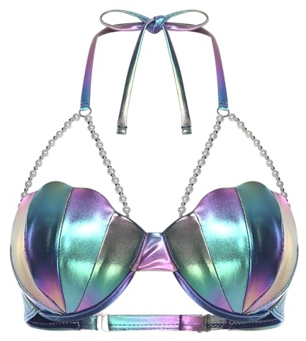 Linyuir Donna Lucido Collo A Trapezio Top Reggiseno Sirena con Catene di Perle Conchiglia Sirena Role Play Reggiseni Blu XXL