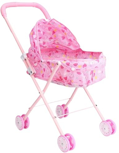 Lawnrden Poussette de poupée Pliable avec Motif cœur d'amour, avec poignée de poussée et Abat-Jour réglable, Landau Portable et Stable détachable pour Filles, Jeu Simulation, pour poupées