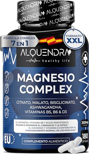 Triple Magnesio Complex - Energía Diaria + Reduce Cansancio y Fátiga - Citrato de Magnesio - Malato de Magnesio - Bisglicinato - con Vitaminas B5 B6 y D3 - Relajante Muscular -180 Cápsulas