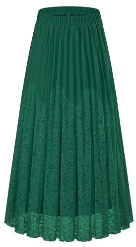 CYiNu Women's Lace Maxi Skirt Chiffon Tulle Elastic High Waist Boho Flowy Skirts(Green,L)
