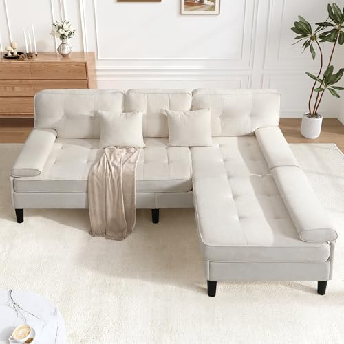 ZKLOEP Divano ad angolo in ciniglia a forma di L, 195 cm di larghezza, divano chaise longue multifunzionale a tre posti con funzione letto, con poggiapiedi mobile, ideale per piccoli appartamenti