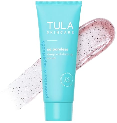 TULA Skin Care So Poreless Exfoliating Blackhead Scrub - Powerful and Gentle Exfoliation, Refreshing and Smoothing, Contains Probiotic Extracts, Volcanic Sand, Pink Salt, and Witch Hazel, 2.89 oz.