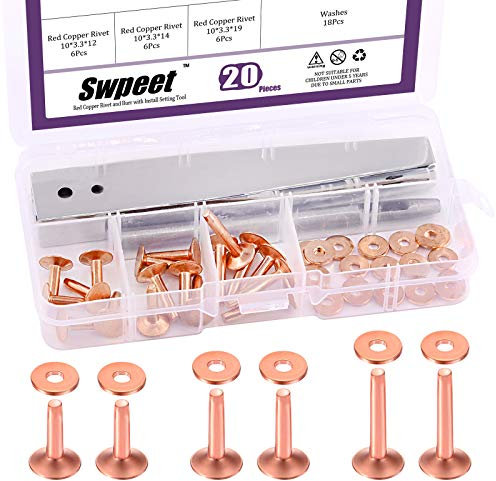 Swpeet Assortiment de 38 rivets et bavures en cuivre de 3 tailles, y compris un fixateur de bavures en acier inoxydable et un outil de fixation de rivets en cuivre pour ceintures, portefeuilles,