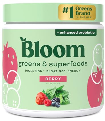 Bloom Nutrition Super Greens Powder Berry (30 Servings) Blends Probiotics, Digestive Enzymes, Spirulina, and Chlorella to Support Women’s Gut Health, Reduce Bloating, and Improve Digestion Naturally