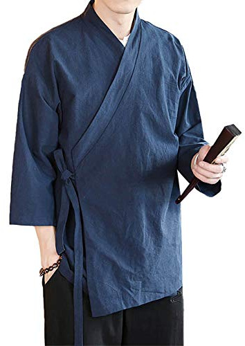 Mens Chinese Style Linen Cardigan Wrap Front Loose Fit Kimono Jacket Solid Color Self Tie Hanfu Top Cover Up Traditional Clothing (Navy, L)