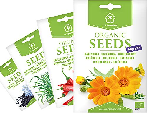Zertifizierte biologische Samen von Minigarden, Auswahl GESUNDHEIT: Ringelblume, Chilli-Pfeffer De Cayenne, Schwarzkümmel und Zitronengras