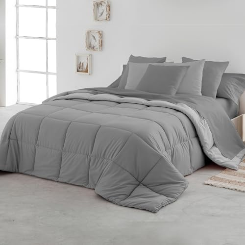 SOMNI HOME Edredón Nordico Bicolor Cama 90 cm. Tacto Pluma. Duvet Tacto Pluma Microfibra Reversible Cálido Ligero. Cama Individual. Calidad 400 gr. Color Perla - Marengo 180x260