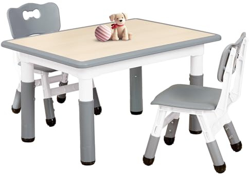 FUNLIO Mesa Infantil con 2 Sillas para Niños de 3 a 8 años, Mesa Niños de Altura Ajustable, Escritorio Fácil de Limpiar, para Aulas/Hogares, Aprobado por CPC y CE (3 Piezas)-Rectángulo-Gris