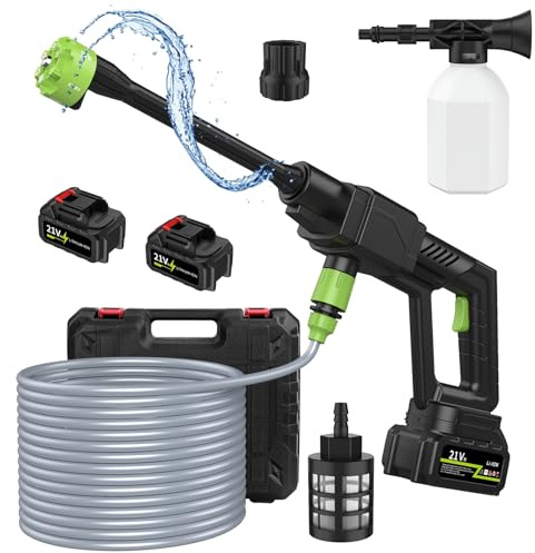 Shienfir Akku Hochdruckreiniger, 21V Max 500PSI Mobiler Akku-Hochdruckreiniger mit 2 Akku 1500mAh, 6-in-1 Multi-Sprühdüse, 5M Schlauch, 1GPM für Auto, Terrasse, Garten, Zaun, Pool Grün